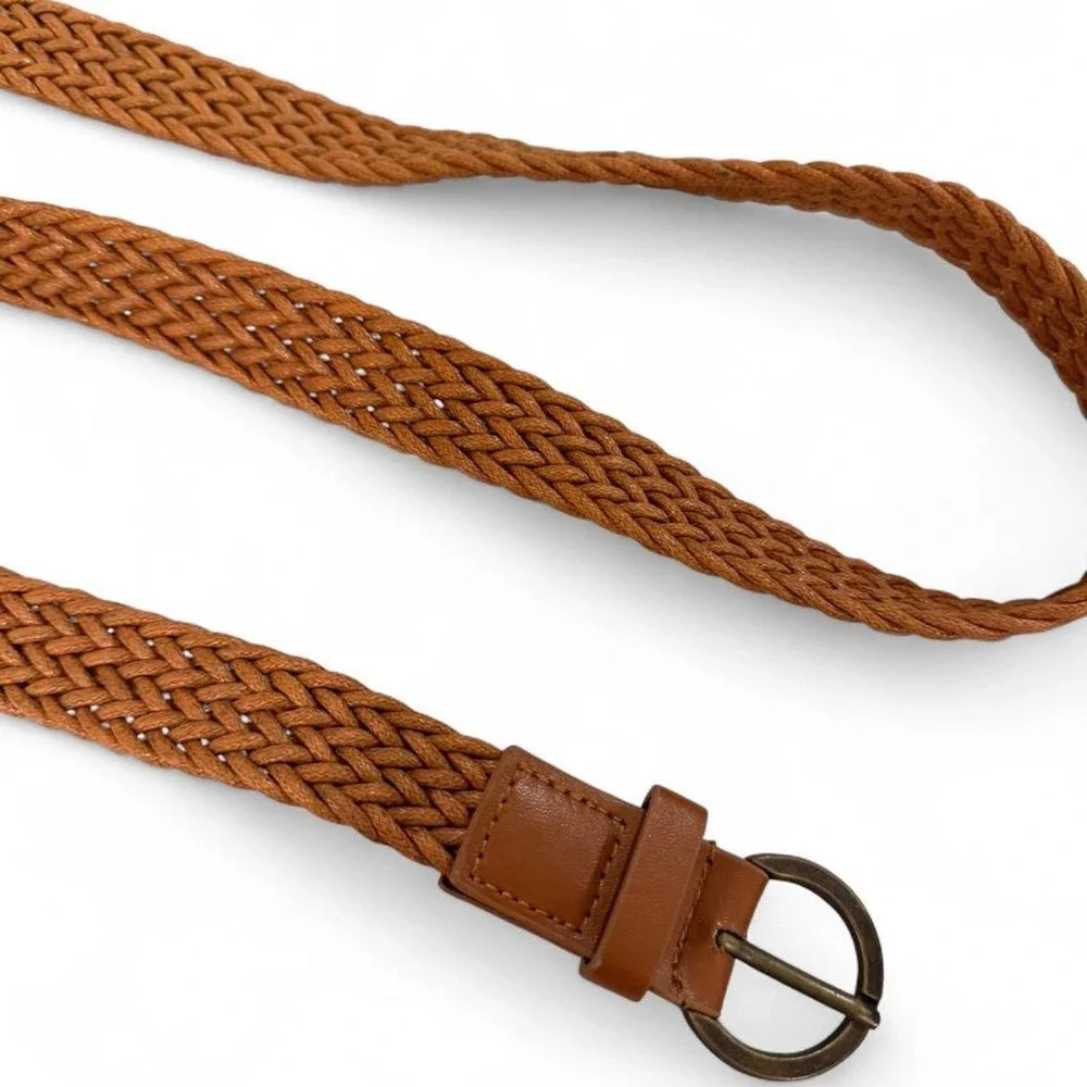 Womens Cognac Brown Braided Woven Belt Round Bronze Buckle Boho Classic 43.5in